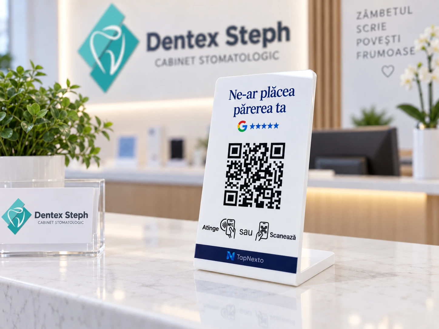 Un stand TapNexto pe recepția unui cabinet stomatologic