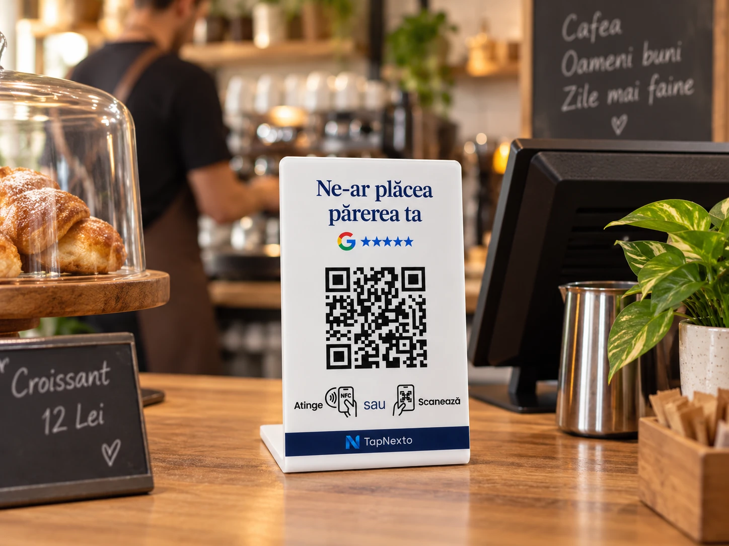 Stand TapNexto lângă espressor, într-o cafenea