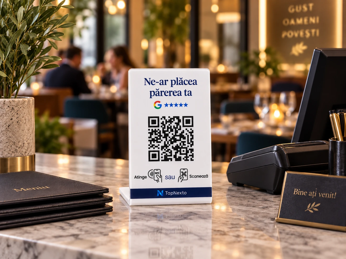 Stand TapNexto pe blatul de marmură al unui restaurant