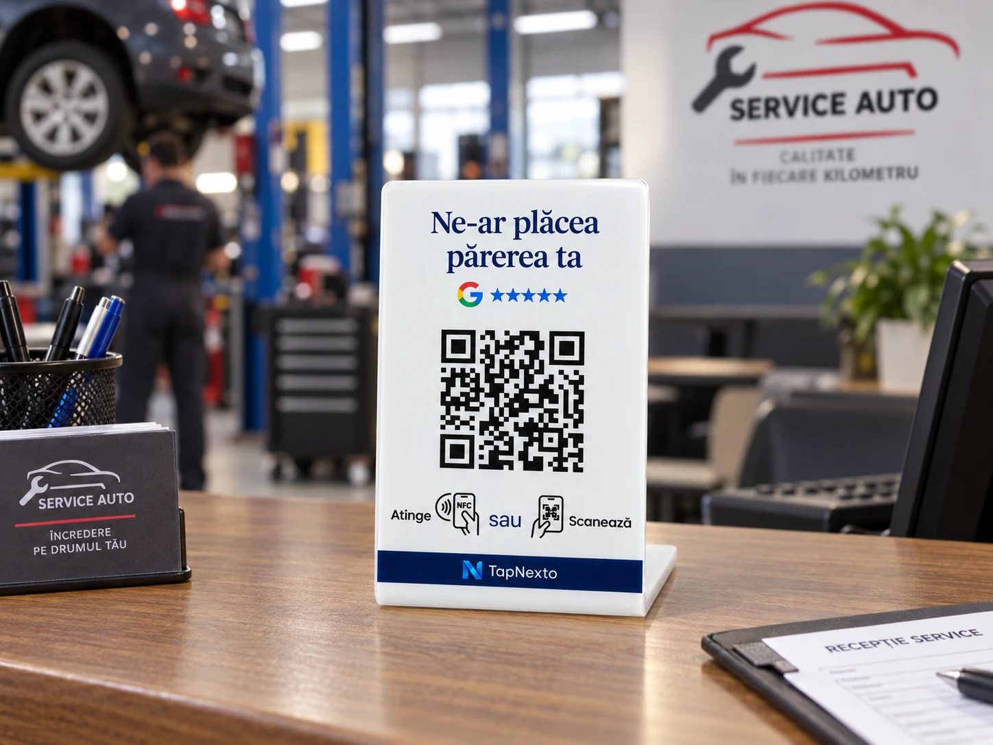 Stand TapNexto pe biroul de primire dintr-un service auto
